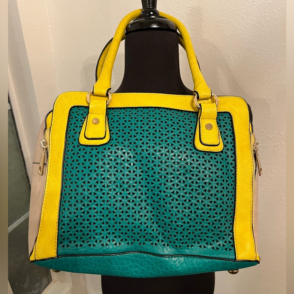 Melie Bianco teal yellow handbag crossbody bag expandable